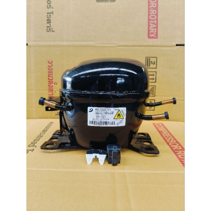 คอมตู้เย็น ตู้แช่ มือสอง รุ่น AK100CY1 ขนาด 1/8 แรง R600a พร้อมชุดสตาร์  ( ไม่มีฝาครอบ )