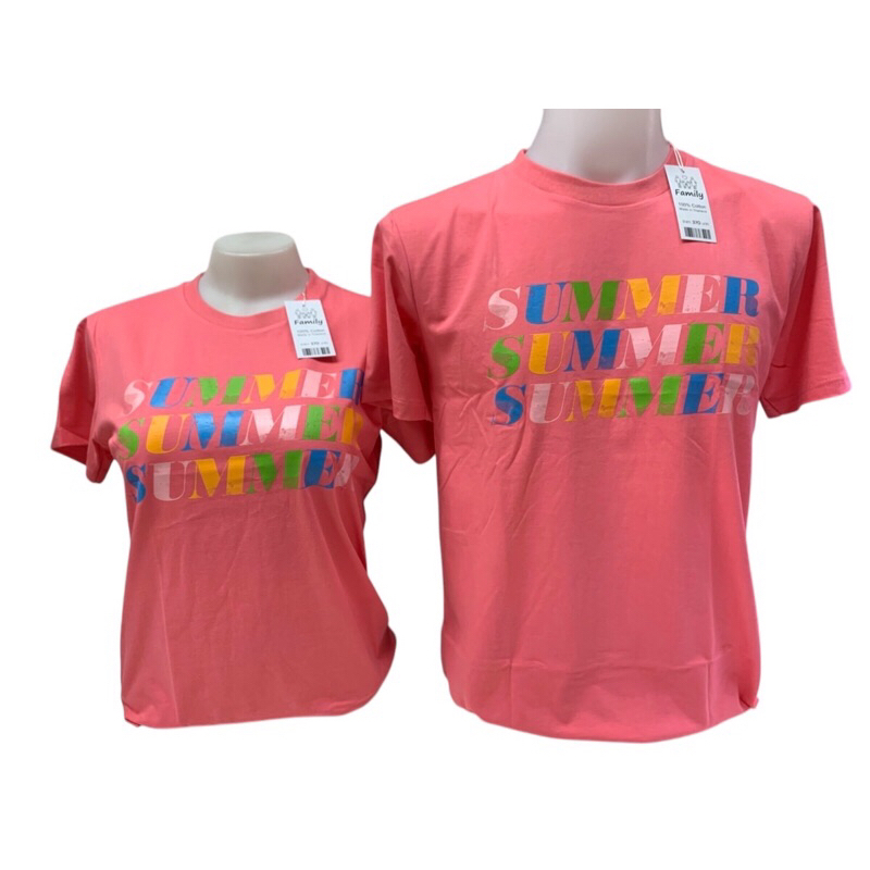 เสื้อยืดเป่ายิ้งฉุบ เสื้อยืดครอบครัวอบอุ่น สีโอรส ลายซัมเมอร์