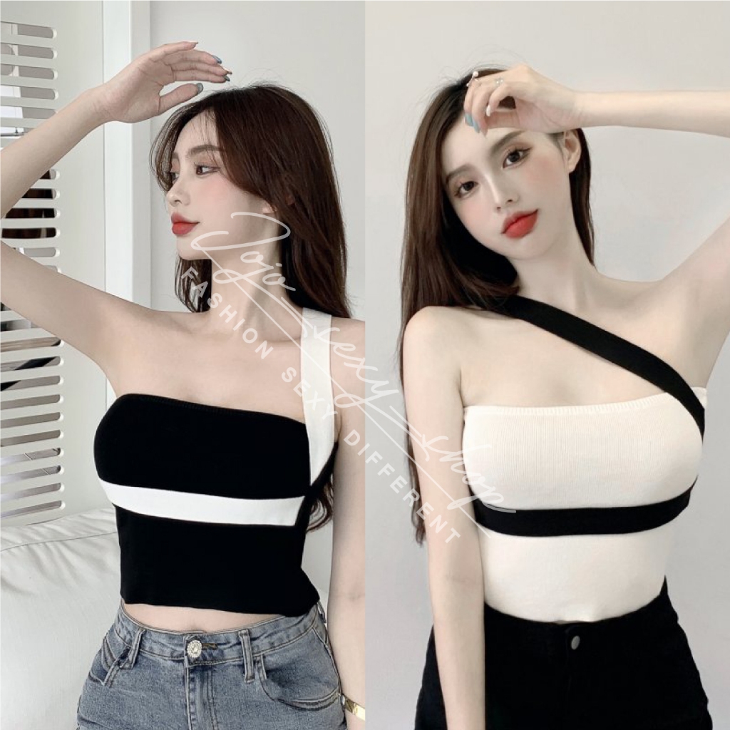 เสื้อสายเดี่ยว เสื้อครอป เสื้อเปิดไหล่ข้างเดียว แต่งสายไขว้ ไสตล์เกาหลี ZSDDXBX
