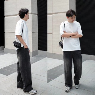 HIMSELF Smocked Wide Jeans กางเกงยีนส์ผู้ชาย เอวสูงทรงขากระบอกใหญ่ เอวยืดได้เล็กน้อย ใส่สบาย