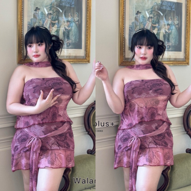 WP ชุดเซ็ต3ชิ้น เกาะอก+กระโปรง+ผ้าผูกคอ ผ้าชีฟองลายกุหลาบต้อนรับ Summer