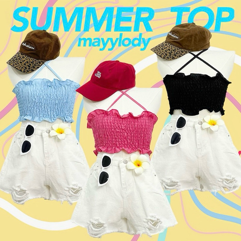 ❤️mayylody❤️ เสื้อสายเดี่ยว #เสื้อคล้องคอ  สม็อคจั้มรอบตัว  สไตล์เกาหลีน่ารักสุดๆๆ 🌷🌈🌻