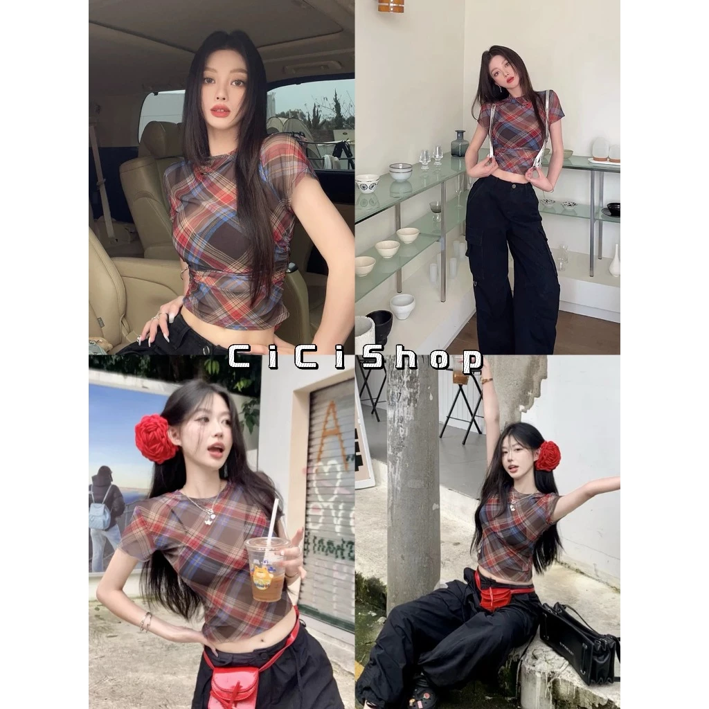 Cicishop(H8812) เสื้อแขนสั้นผ้าซีทรู ลายสก๊อต ดีเทลจั้มเอว ผ้ายืดใส่สบาย สไตล์สาวแซ่บ