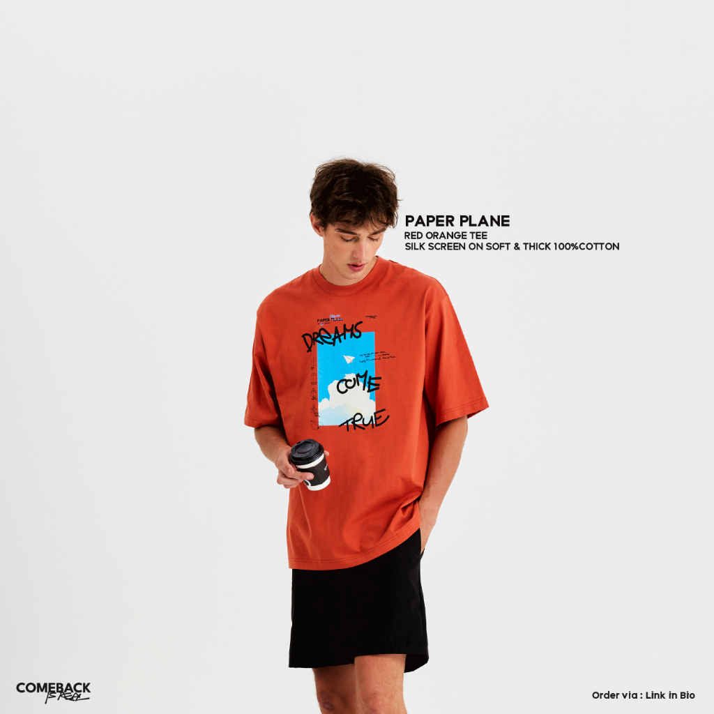 COMEBACK IS REAL - 005 - PAPER PLANE CREAM/ORANGE เสื้อยืด Oversize collection T-shirt Cotton 100%