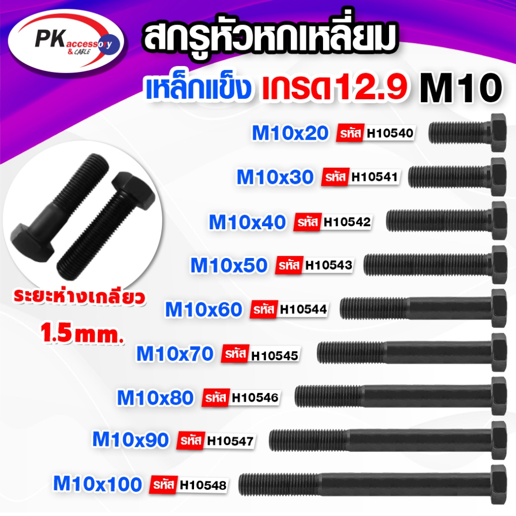 สกรูน็อตหกเหลี่ยมดำ เหล็กแข็ง เกรด12.9(แข็งที่สุด) เกลียวมิล ขนาด M10 ราคาต่อชิ้น