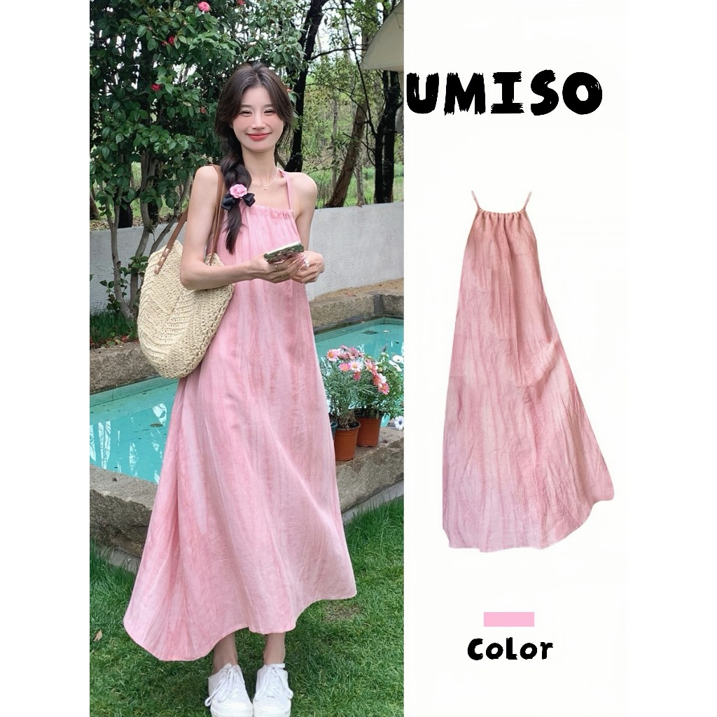 UMISO เดรสผู้หญิง สไตล์ลำลอง แบบผูกเชือก แต่งสม็อค ชุดเดรสยาว ชุดเที่ยวทะเล เนื้อผ้าใส่สบาย เดรสทรงหลวม