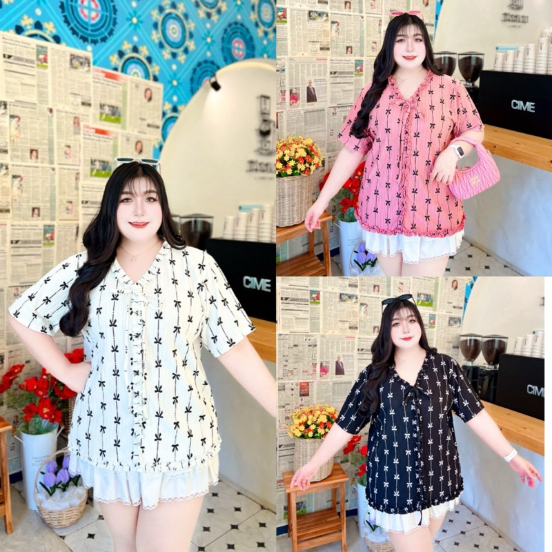เสื้อแขนสั้นคนอ้วนไซส์ใหญ่อก54ลายโบว์