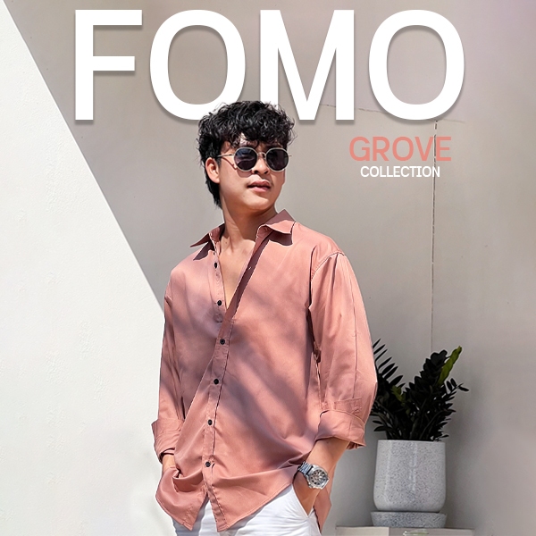 Fomo-เชิ้ตแขนยาว สีชมพูเบจ เสื้อเชิ้ตสีชมพู เสื้อเชิ้ตสีชมพูกะปิ