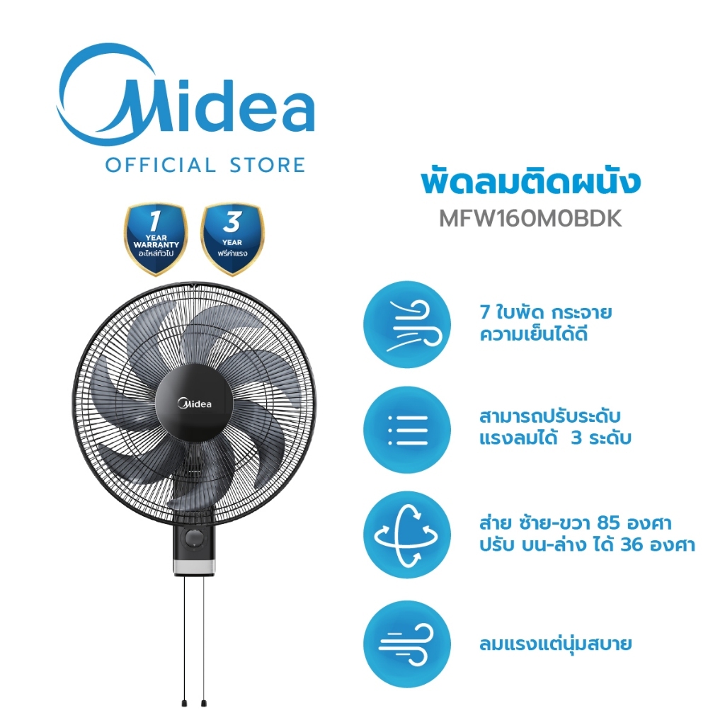 AUTOBOT x Midea พัดลมติดผนัง 16" Wall Fan 7 ใบพัด รุ่น MFW160M0BDK รับประกันสินค้า 1 ปี ศูนย์ไมเดีย