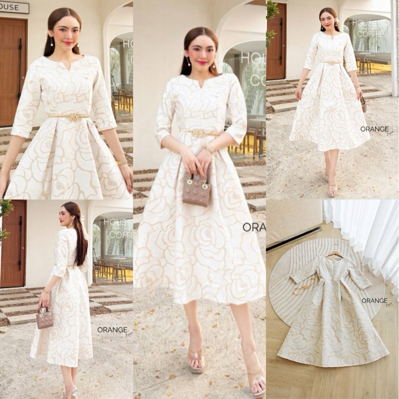 🧡พร้อมส่ง S-4XL🧡ป้าย Orange Juice💕เดรสยาวสีครีม อัดกาว พร้อมเข็มขัด ชุดออกงาน สวยเรียบหรู
