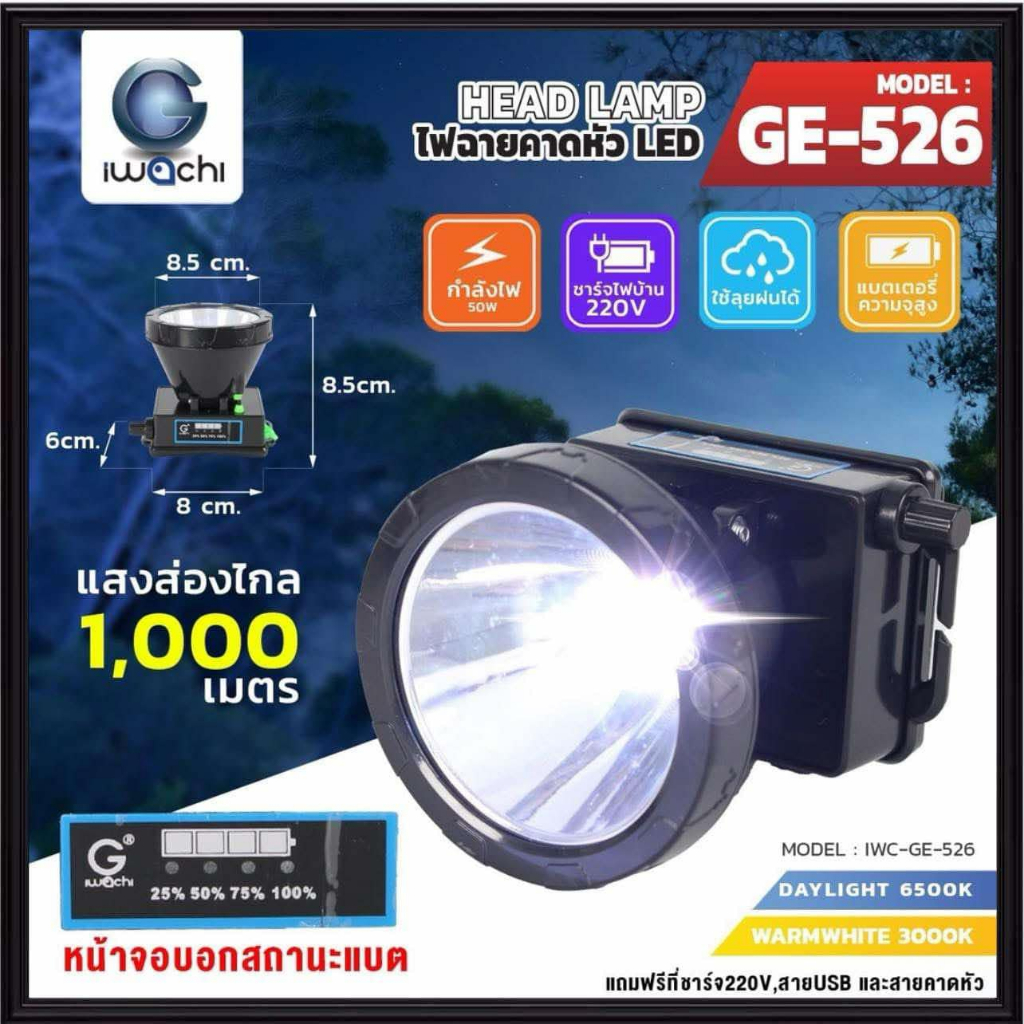 IWACHI ไฟฉายคาดหัว LED 50W (หรี่ได้) GE-526 ลุยฝนได้ แสงเดย์ไลท์ แสงวอร์มไวท์ ไฟส่องกบ ไฟคาดหัว ไฟฉา