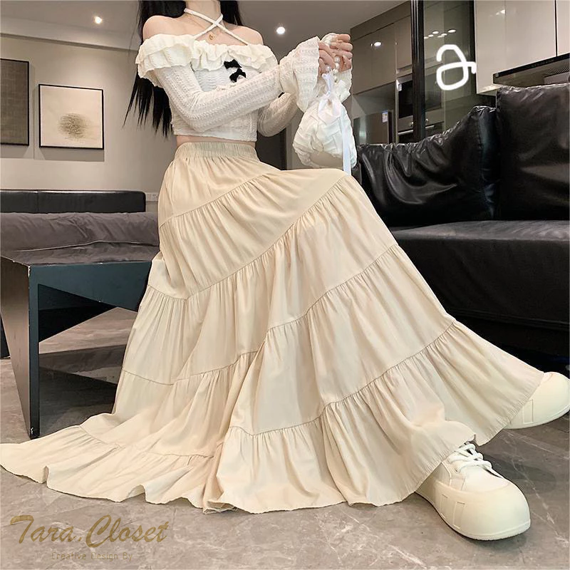 IT099 TARA SKIRT กระโปรงยาว เอวสูง ทรงบอลลูน แต่งระบาย 5 ชั้น สม็อครอบเอว ผ้าไหมอิตาลี ผ้าดี ใส่สบาย ไม่ต้องรีด