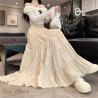 IT099 TARA SKIRT กระโปรงยาว เอวสูง ทรงบอลลูน แต่งระบาย 5 ชั้น สม็อครอบเอว ผ้าไหมอิตาลี ผ้าดี ใส่สบาย ไม่ต้องรีด