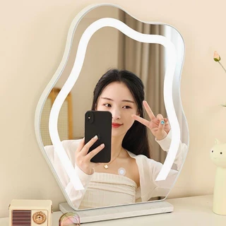 แตกเคลมฟรี !กระจกตั้งโต๊ะทรงก้อนเมฆ มีไฟLED ปรับได้ 3ระดับ กระจกแต่งหน้า ตกแต่งบ้าน พร็อพถ่ายรูป