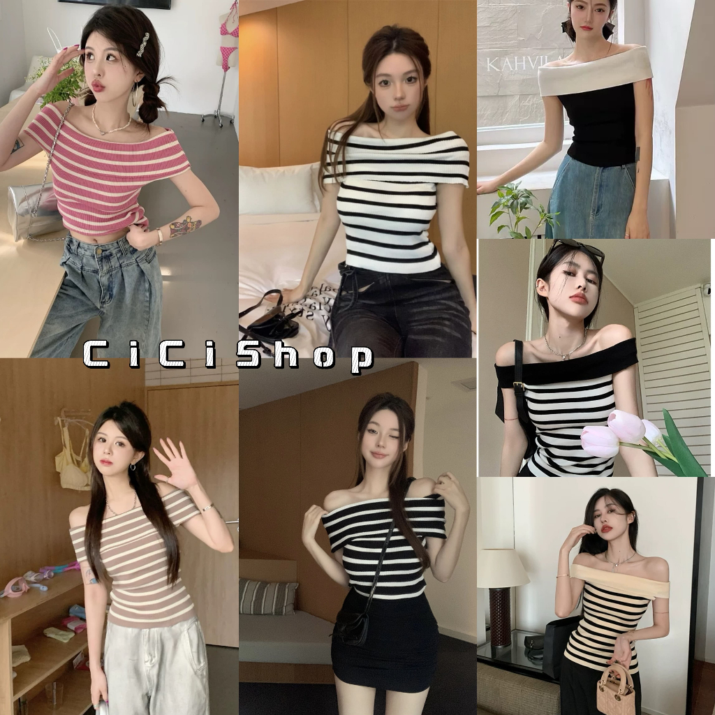 Cicishop(95161)เสื้อยืดไหมพรมแขนสั้นไหมพรมปาดไหล่ลายทาง ใส่สบาย สไตล์เกาหลีน่ารักๆ