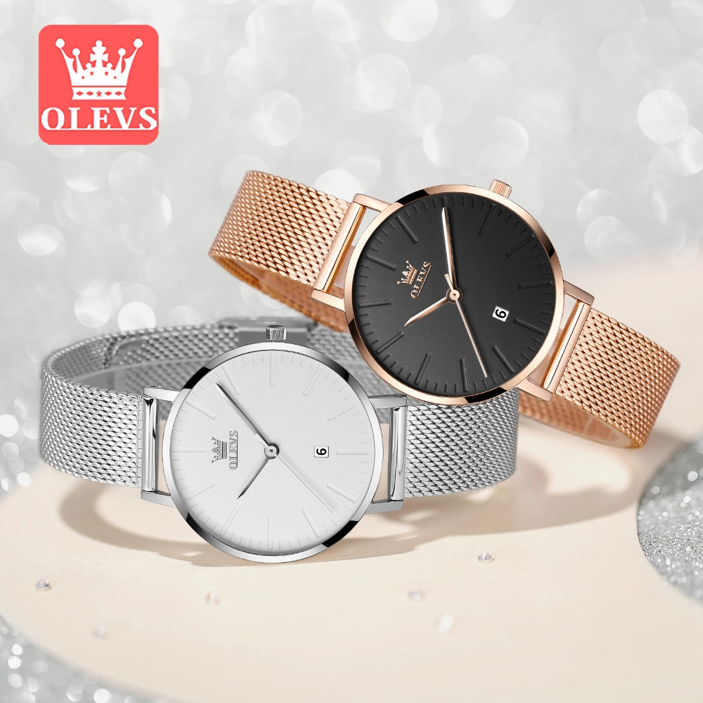 OLEVS นาฬิกาผู้หญิง กันน้ำ โรสโกลด์ นาฬิกาข้อมือควอตซ์ แฟชั่น นาฬิกาข้อมือผู้หญิง เรียบง่าย กะทัดรัด นาฬิกาเข็มขัดตาข่าย