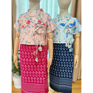 ชุดไทยเด็กเสื้อผ้าใยกัญชงลายดอกไม้+กระโปรงกางเกง
