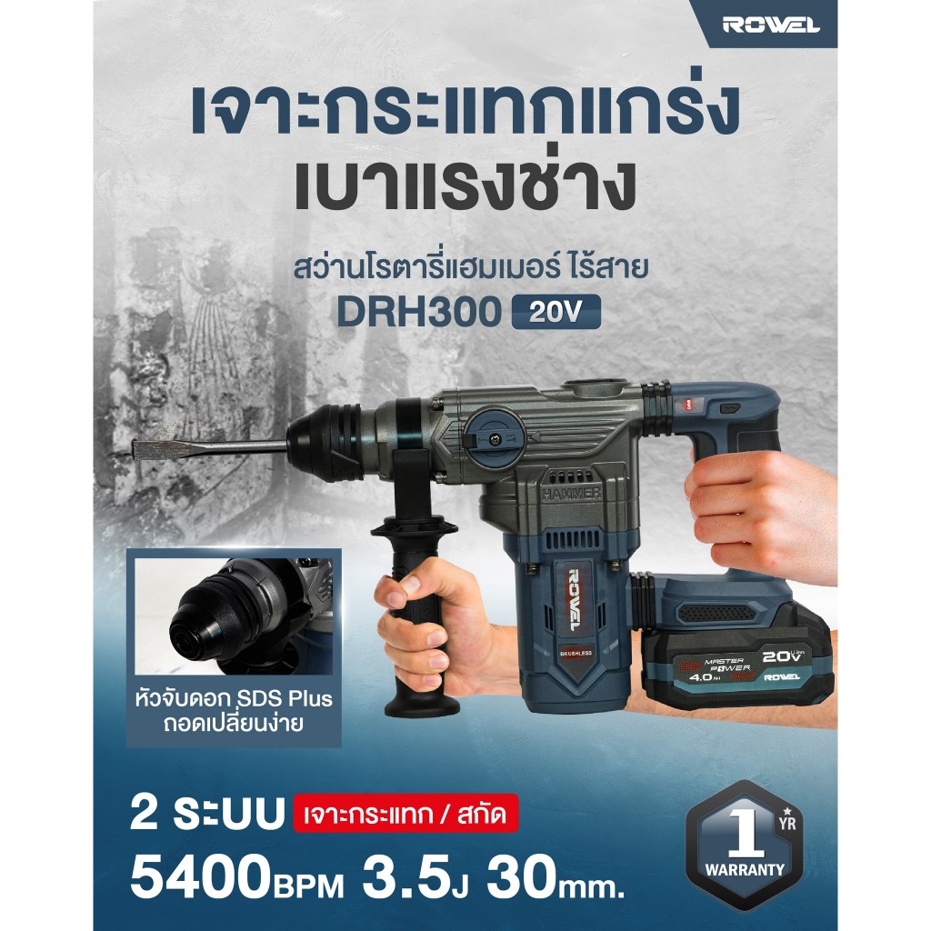 🔥โปรส่งฟรี ประกันศูนย์🔥 สว่านโรตารี่ไร้สาย ROWEL DRH300 (BLมอเตอร์) 20V สว่านโรตารี่ แฮมเมอร์ สกัด