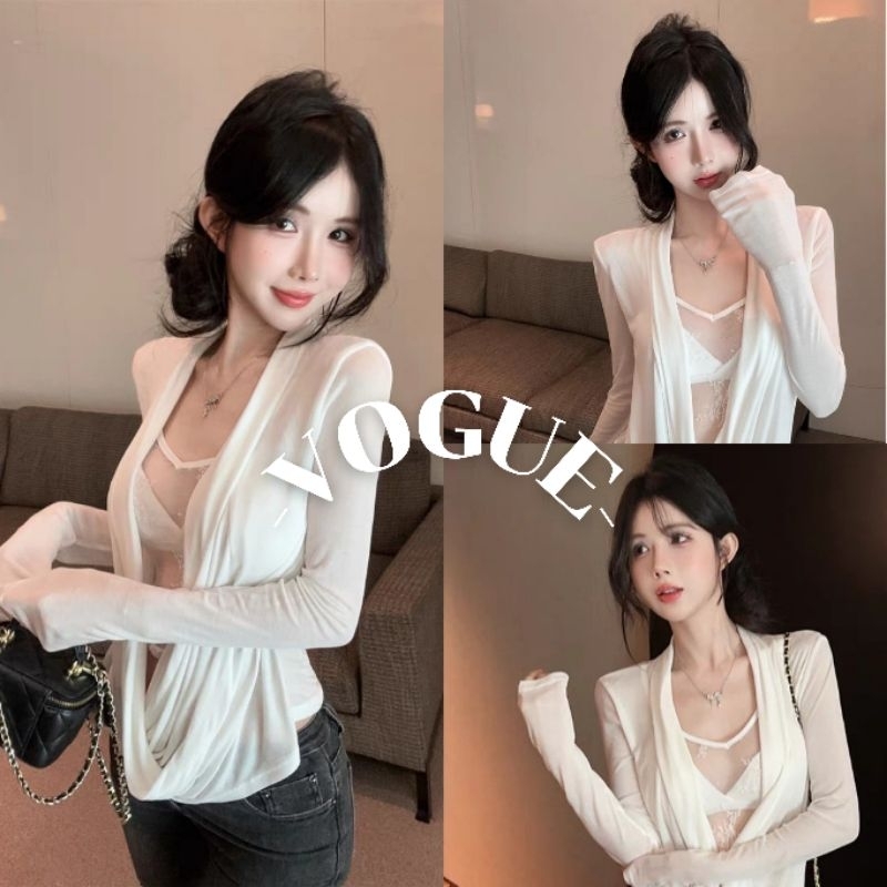 Vogue🌟พร้อมส่ง🌟 เสื้อแขนยาว ใส่ได้2แบบ หน้าหลัง แต่งลูกไม้เซ็กซี่ (FY2785)