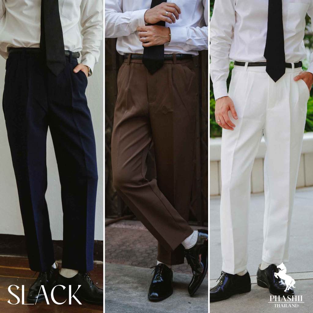 PHASHII SHIRT SLACK กางเกงขายาววินเทจ ทรงกระบอก ผ้า Soda / Micro ความยาว 38 นิ้ว เอวยืด ใส่สบาย