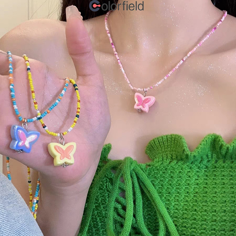 Colorfield สร้อยคอ ผีเสื้อ ที่มีสีสันลูกปัด ขนาดที่ปรับ น่ารักหวาน y2k สไตล์เกาหลี สำหรับผู้หญิง เข้ากับทุกการแต่งกาย