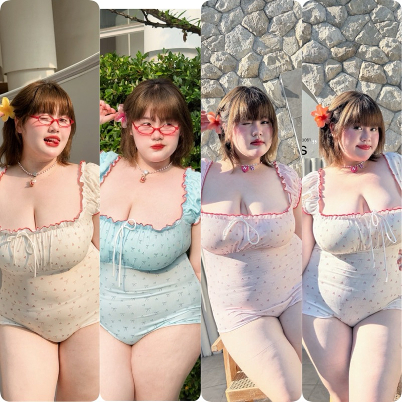 ชุดว่ายน้ำวันพีท แขนทรงตุ๊กตาน่ารัก ผ้าร่องพิมพ์ลายโบว์สุดน่ารัก