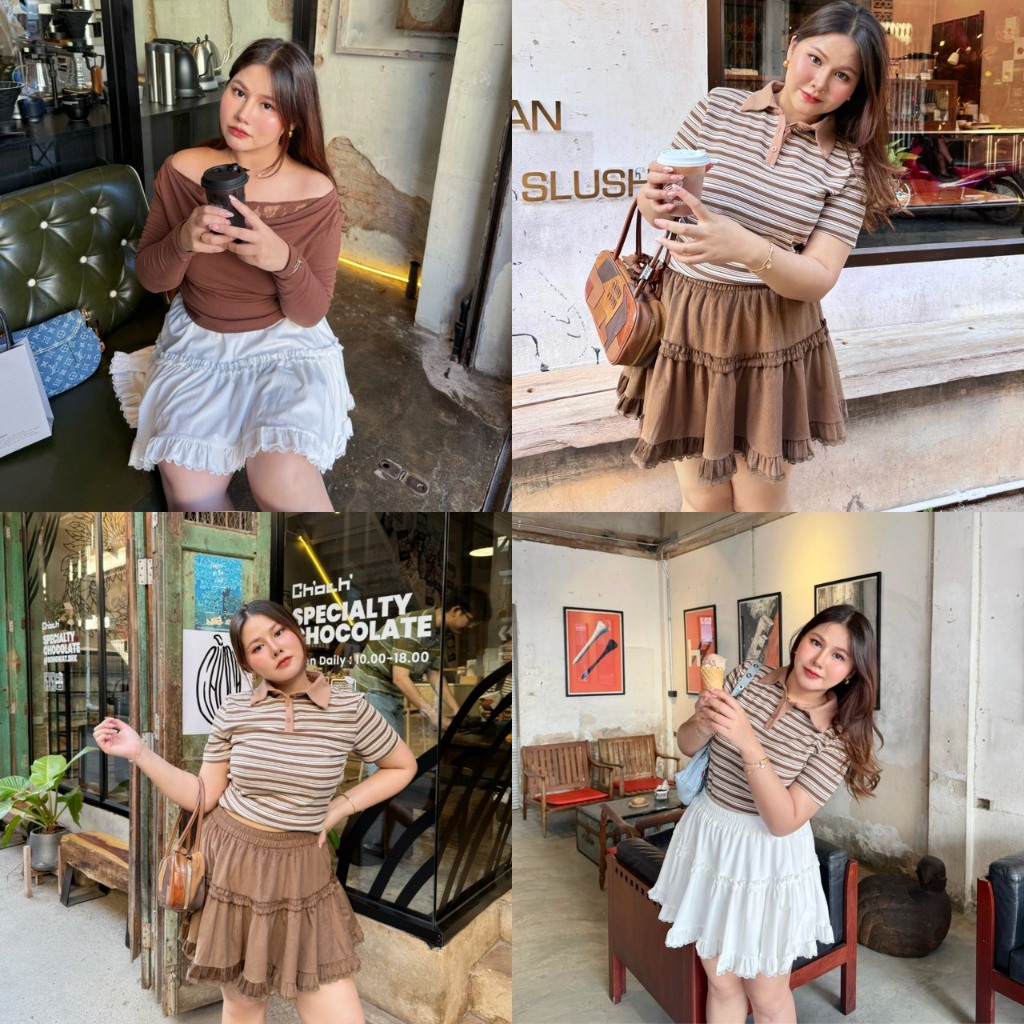 Tiramisu Skirt 🍮✨กระโปรงสั้นระบายเอวยางยืดแต่งระบายและลูกไม้ (SK0048) - Merrychubbyhouse