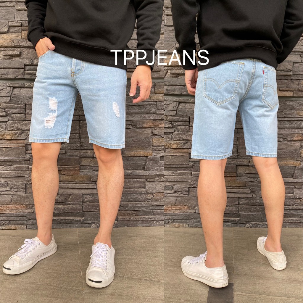 JEANSEXPRESS Shorts LightBlue กางเกงยีนส์ขาสั้น ความยาวเหนือเข่า สีบลูฟอกซีดสะกิดขาด เป้ากระดุม ผ้าใส่สบาย Size 28-36