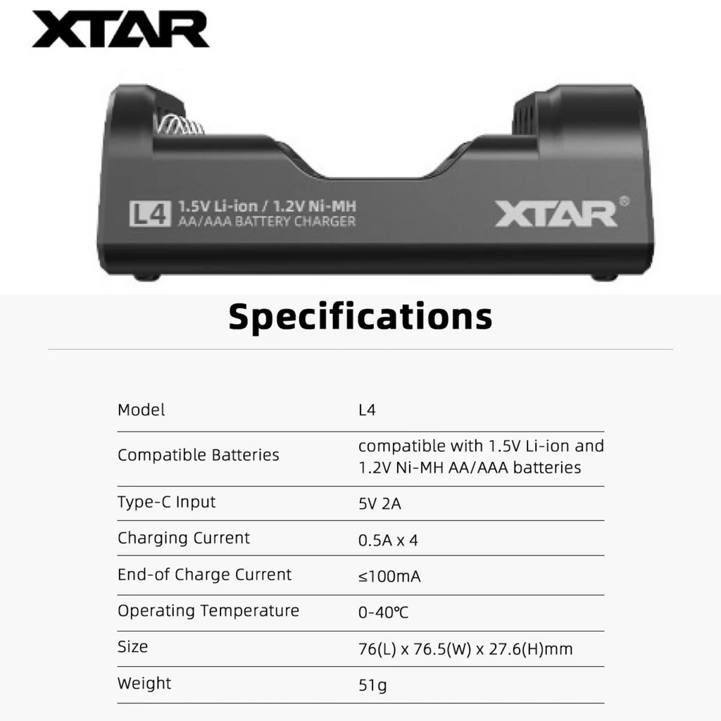 ชุดอุปกรณ์ XTAR L4 1.5V&1.2V Battery Charger & XTAR 1.5V Li-ion Battery x 4 ก้อน (AA / AAA)