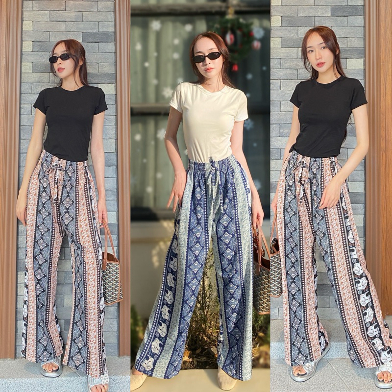 Silla กางเกงขายาว รุ่น Nature N08 ลายช้าง เนื้อผ้าไหมอิตาลี ผ้าพริ้วนุ่ม ใส่สบาย ลายสวย