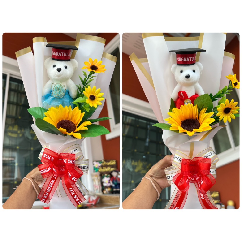 ช่อดอกทานตะวัน (ช่อทานตะวัน 1 ดอก+หมีใส่หมวก+โบว์วินเทจ) ดอกไม้รับปริญญา ปัจฉิม
