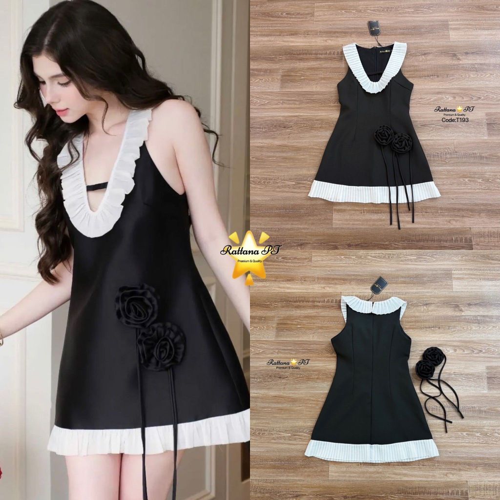 RTN202 Rattana PT BRAND ชุดเดรสสั้นสีดำช่วงคอและชายกระโปรงแต่งระบาย [2PM]