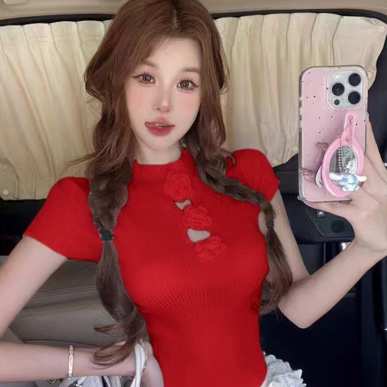 พร้อมส่งในไทย** ไหมพรมคอจีน แต่งดอกไม้ด้านหน้า Y194 - รูปที่ 5