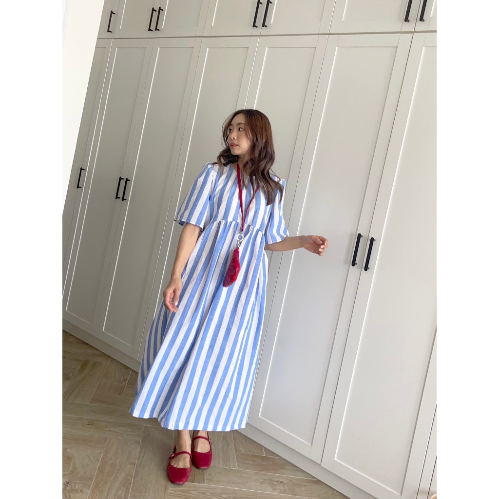 CHAWY Strip blue dress 🌟🌎 C4548  เดรสยาวมินิมอล เดรสมินิมอล - รูปที่ 6