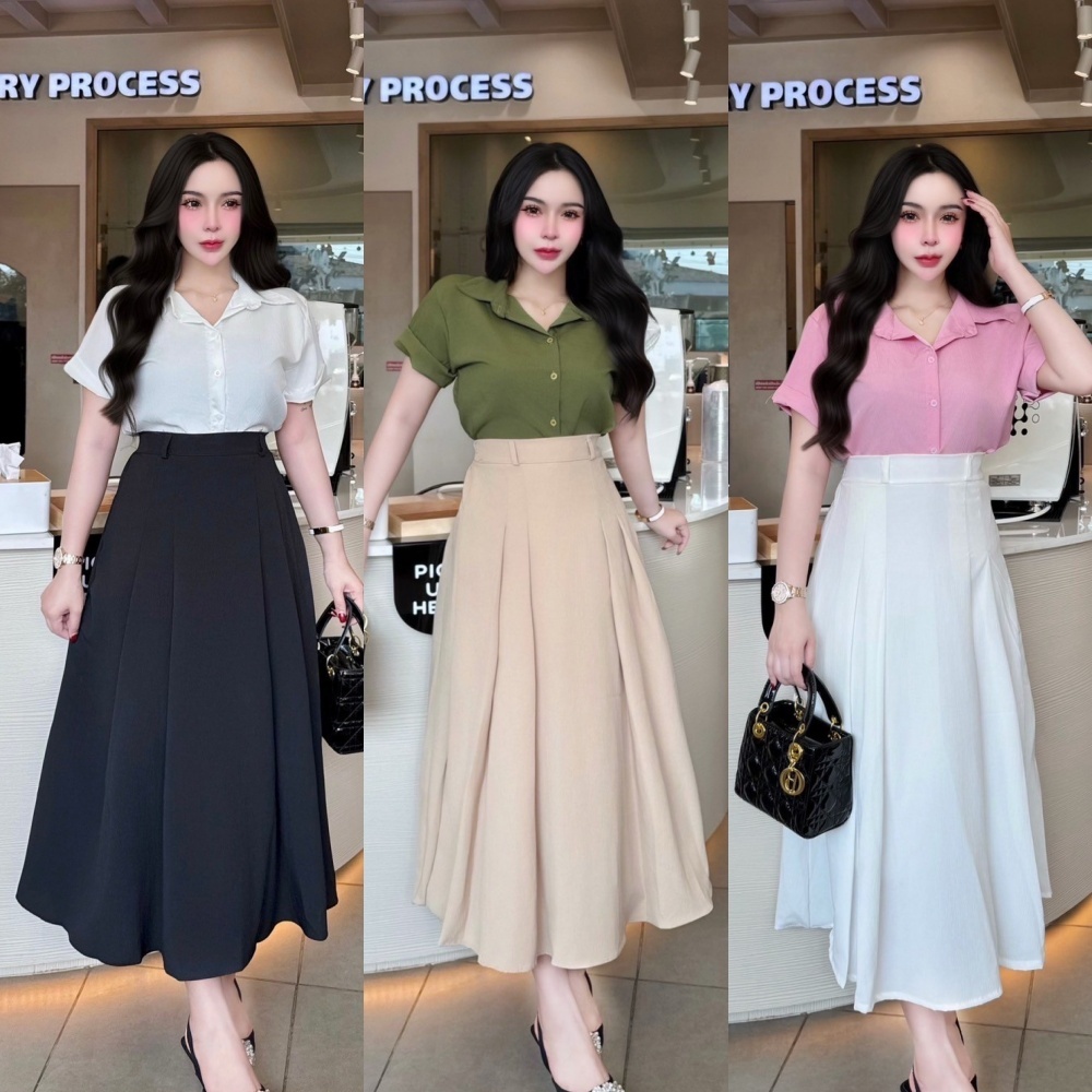 ชุดเซตกระโปรง สไตล์ผู้ดี เสื้อเชิ้ตแขนเบิ้นกระดุมหน้า+กระโปรงเอวเรียบสม็อคหลังมีซับใน A5189