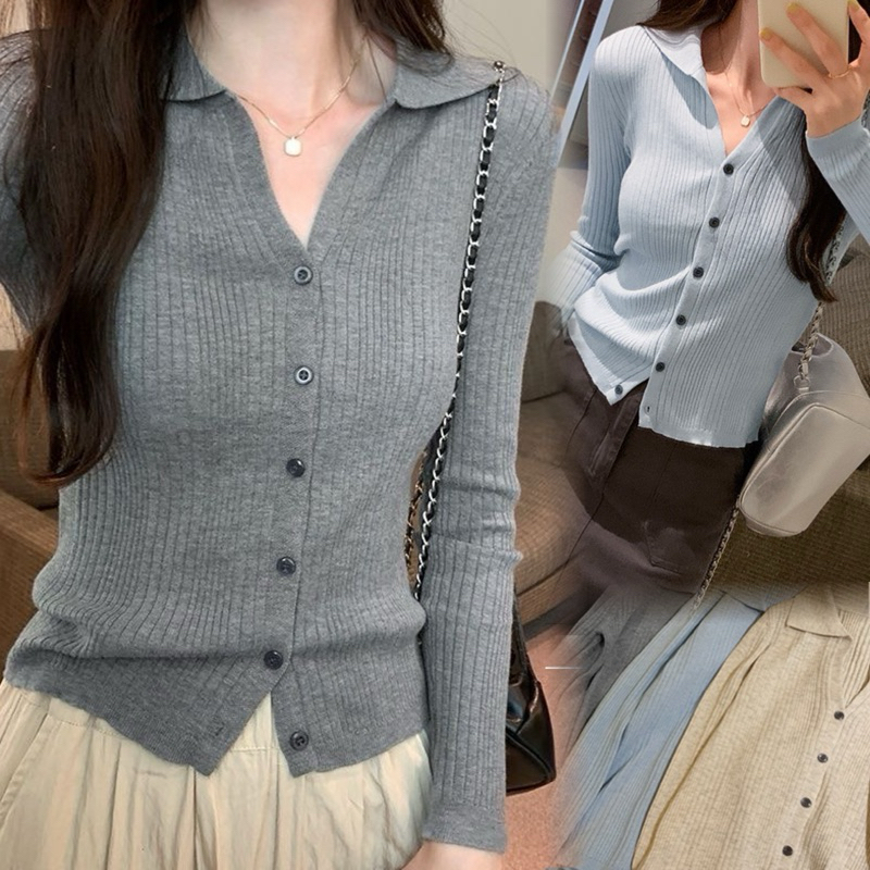 Pinkpass • พร้อมส่งจากไทย • อก32-40นิ้ว เสื้อสเวตเตอร์คาร์ดิแกนถักแขนยาวคอปกโปโลฝรั่งเศสสำหรับผู้หญิง กระดุมสีดำสวยงาม