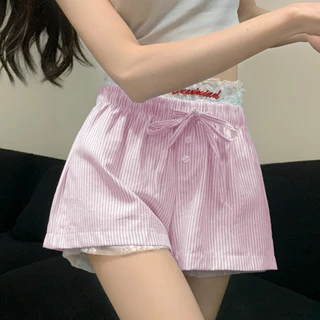 🌸พร้อ​มส่ง🌸กางเกงขาสั้นผู้หญิง ลายทาง เเต่งกระดุม เอวยางยืด ผ้ายืดหยุ่น ใหม่ กางเกงขาสั้นลายทาง