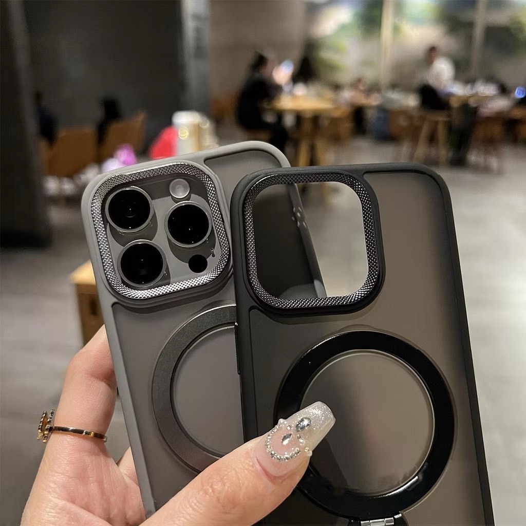เคส ขาตั้ง ดำ-เทา สีพื้น (หมุน360) IPHONE - 14PM 15+ 15PM 16pro 16+ 16PM 17PM