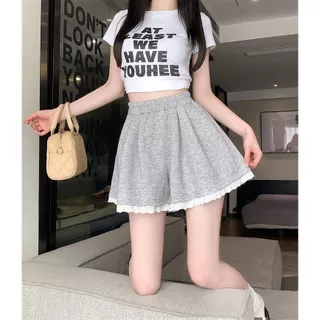 กางเกงขาสั้นผู้หญิง แต่งลูกไม้ เอวสูง ทรงหลวม ลำลอง