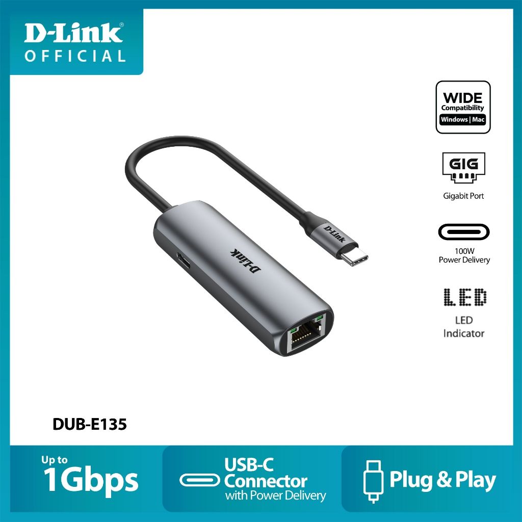 D-LINK DUB-E135 USB-C TO GIGABIT ETHERNET ADAPTER/1GBPS ETHERNET/USB-C/THUNDERBOLT 3/4 CONNECTOR