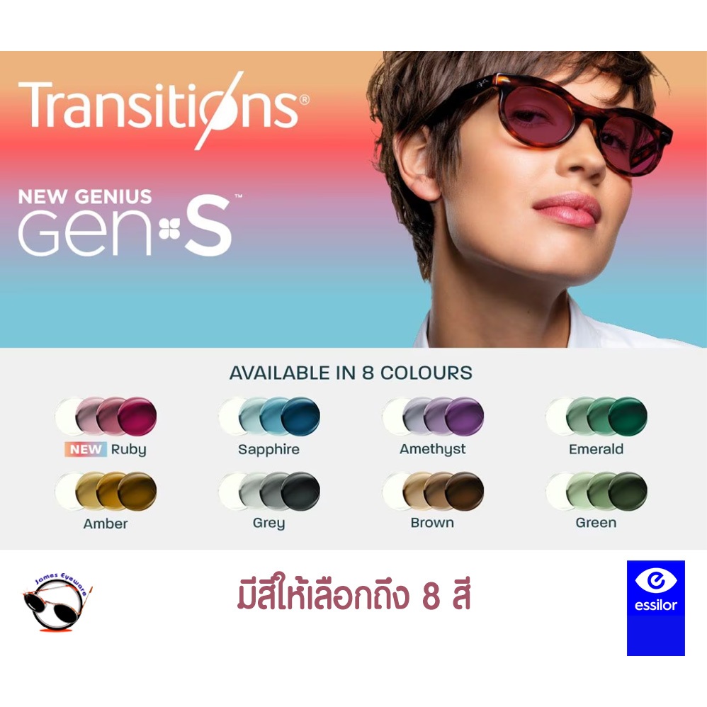 Essilor Transition GenS New2025 เลนส์เปลี่ยนสีใหม่ล่าสุดพร้อมสีRuby เปลี่ยนสีเร็วสุด กลับมาใสเร็วสุด
