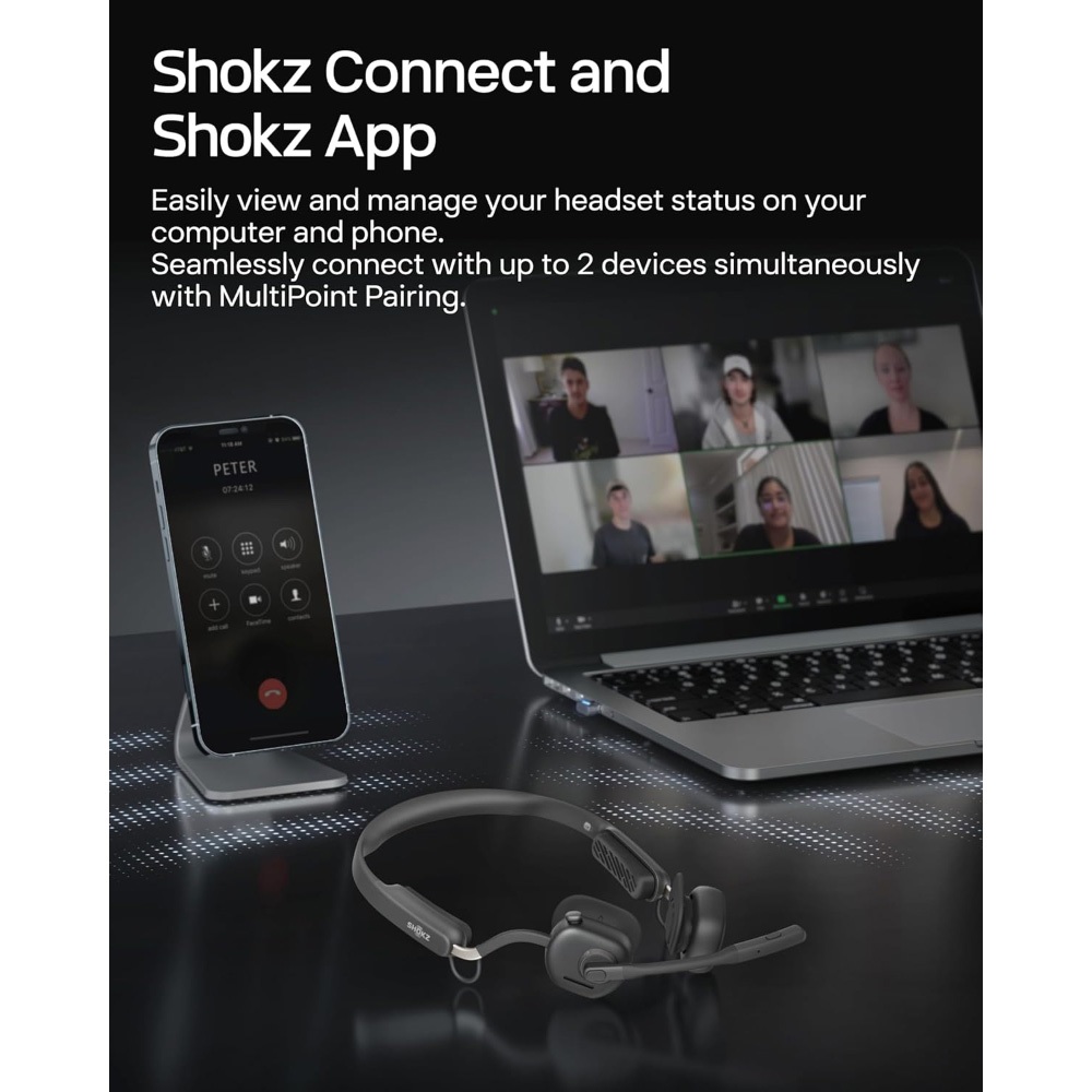 Shokz OPENMEET UC USB-C หูฟังไร้สาย สวมใส่สบาย น้ำหนักเบา การทำงาน การประชุม ไมค์คุณภาพสูง ได้รับรองจาก Zoom Certified