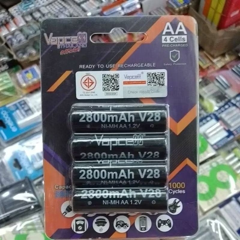 ถ่านชาร์จ Vapcell AA 2800mah V28 จำนวน 4ก้อน ของใหม่ ของแท้
