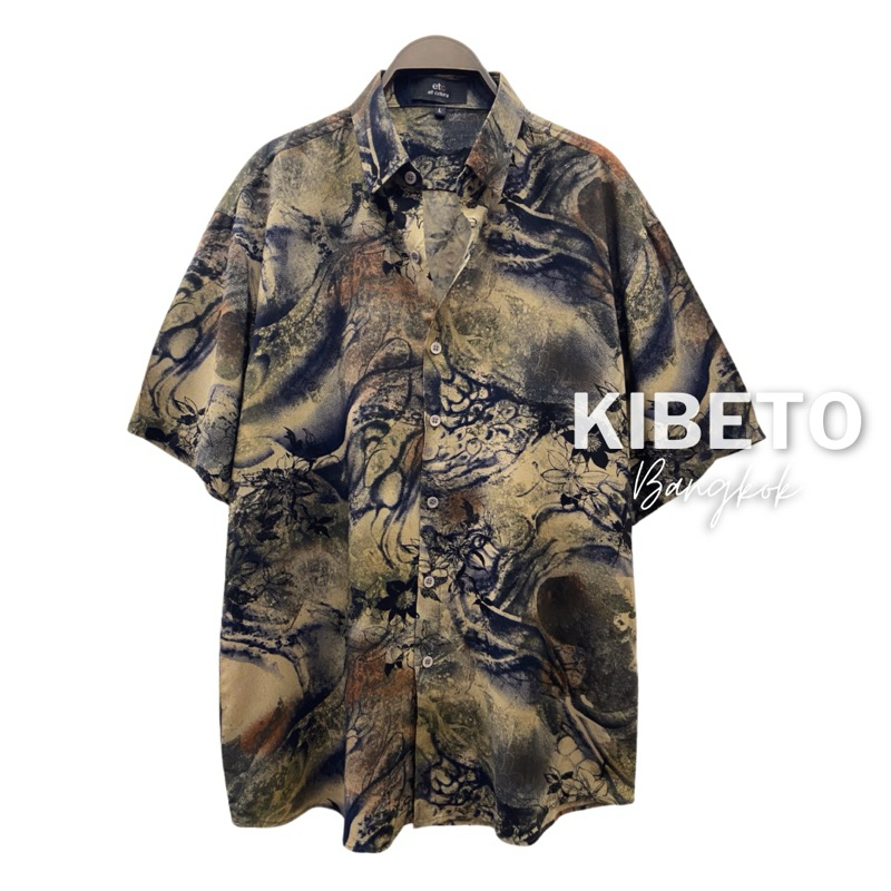 Kibeto เสื้อฮาวาย ลายวินเทจคลื่นดอกไม้ สีกากีดำ ผ้าสปันเรยอน เนื้อนิ่ม ใส่สบาย M L XL 2XL 3XL