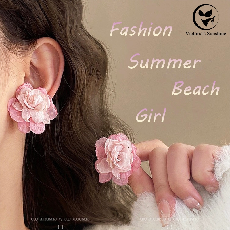 เครื่องประดับหู ต่างหูดอกไม้ ผ้าคุณภาพสูง ไปเที่ยวทะเล summer พร้อมส่งในไทยS1033
