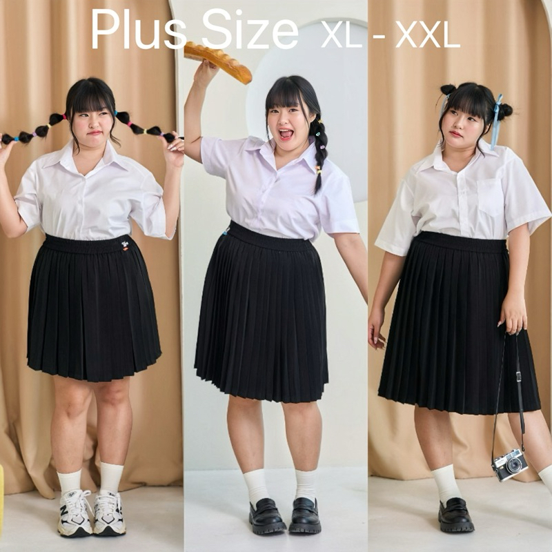 💚ไซส์ใหญ่💚 กระโปรงนักศึกษาพลีท XL-XXL มียาว18-36 สีดำผ้าห่างกระรอก