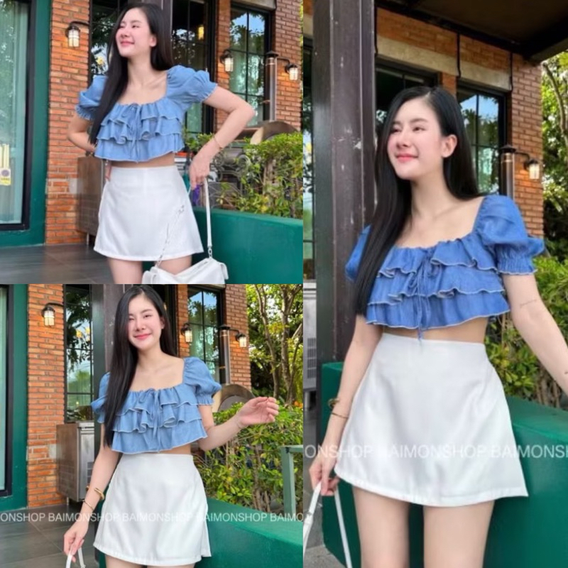 🌸OVP🌸 เสื้อยีนส์ แขนตุ๊กตา แต่งระบายขนมชั้น หลังดึงยางยืด เสื้อครอป