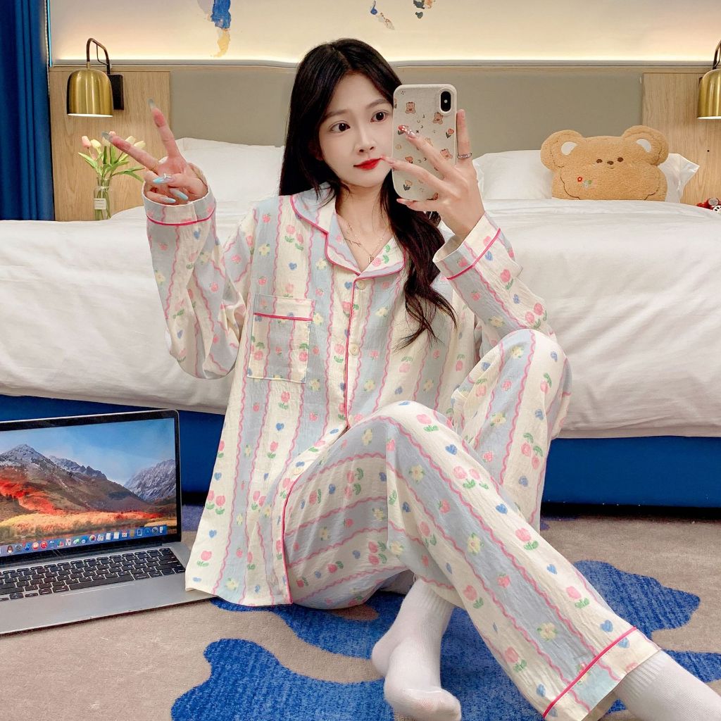 แขนยาว+ขายาว ดนอนคอตตอนนุ่มเมฆ ใส่สบาย ระบายอากาศดี Summer Pajamas Set Women