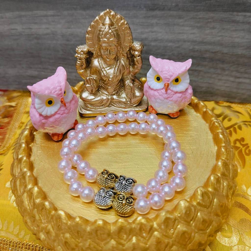 MT-BD9C สร้อยลูกปัดชมพูข้อมือ นกฮูกคู่เงินทอง ราคาต่อ 1 เส้น ถวายแด่พระแม่ลักษมี