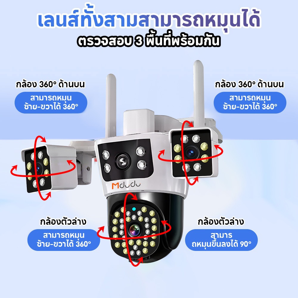 Mdudu กล้องวงจรปิด แสดงภาพพร้อมกัน3หน้าจอ Full HD 18MP กันน้ำ IP67 ระบบการแจ้งเตือน กลางคืนภาพสี ติดตั้งง่าย